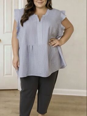 Lane Bryant Blue White Pinstripe Ruffle Sleeve V Neck Top Plus Size 20